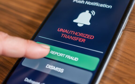 Finger presses report fraud button on phone notification