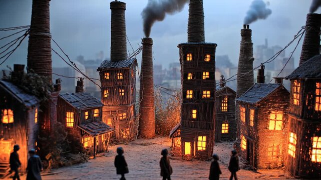 Industrial Landscape Miniature Town: Factory Scene with Smoky Chimneys and Urban Night Lights in Vintage Architecture
