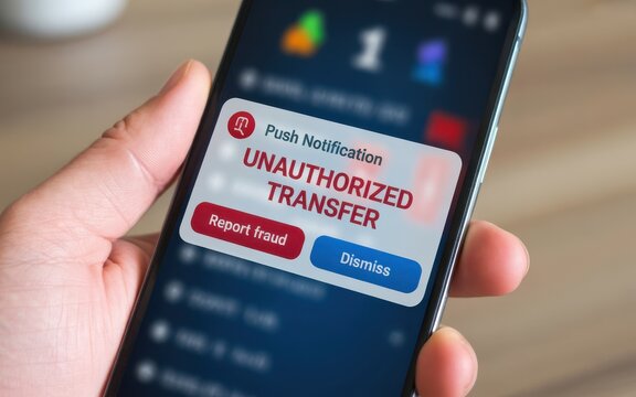 Hand holding smartphone displaying unauthorized transfer notification