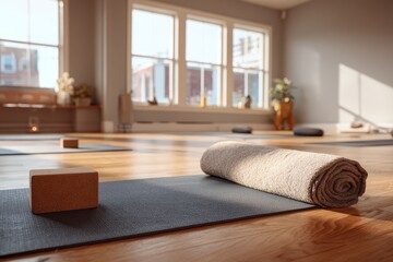 Fototapeta premium Unrolled yoga mat on a warm wooden floor in a serene yoga studio