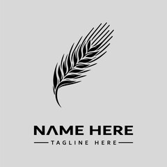 A black and white illustration of a feather logo with placeholder text on a gray background, featuring a vintage engraving style.