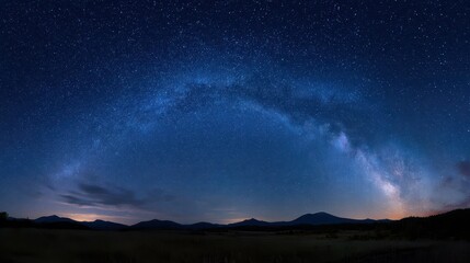 Fototapeta premium Celestial nightscape: expansive star field, faint cloud texture, and distant mountain silhouette under a tranquil blue sky
