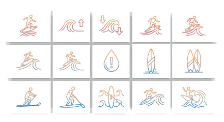 Surfing and Water Sports Icon Set Featuring Surfboards, Wave Riding, and Action Symbols for Water Sports Enthusiasts and Adventure Designs © Sreemotimadhobi