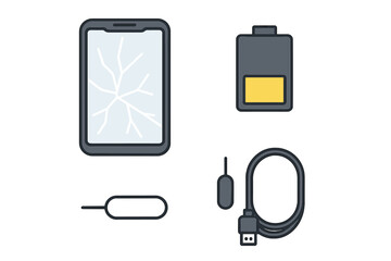 This flat vector illustration displays a broken smartphone with a shattered screen alongside a battery, a USB cable, and a SIM card removal tool on a dark background.