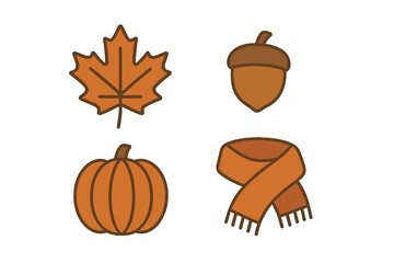A collection of four autumn-themed icons featuring a maple leaf, an acorn, a pumpkin, and a scarf, all rendered in a flat illustration style with warm orange and brown tones.