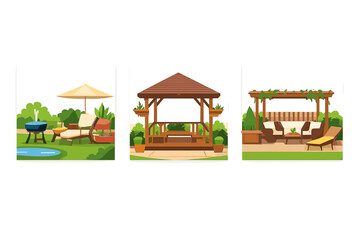Three vector illustrations showcasing various outdoor living spaces, including a patio with a lounge chair, a wooden garden gazebo, and a pergola with comfortable seating.