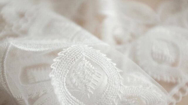 Luxury white Guipure lace fabric featuring intricate geometric and floral embroidery. High-quality bridal textile with raised textures and elegant raftsmanship, perfect for wedding fashion.