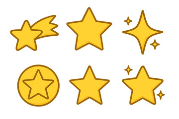 Obraz premium A collection of six yellow star icons featuring various designs such as a shooting star, sparkles, and a star in a circle, all presented in a clean cartoon vector style on a black background.