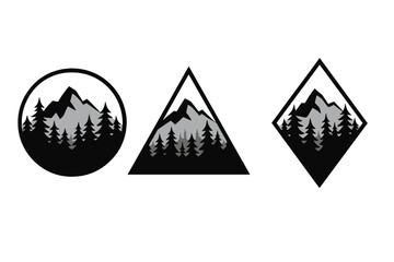A set of three monochrome vector icons depicting mountain peaks and evergreen forests enclosed within circular, triangular, and diamond-shaped frames on a black background.