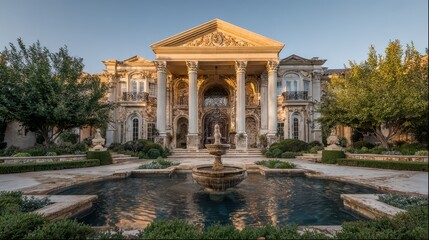 Obraz premium Opulent residence facade with expansive driveway, fountain, and lush landscaping under warm sunset light