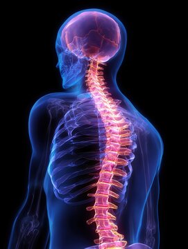 Human spinal curvature in 3D medical visualization musculoskeletal system disorder scoliosis and back pain on dark background