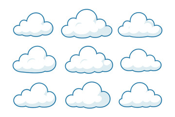 Nine fluffy white cartoon clouds with blue outlines are displayed in a three-by-three grid against a solid black background. Each cloud has a soft, rounded shape for graphic design.