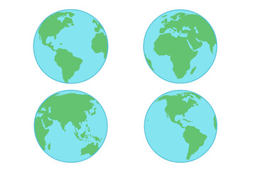 Obraz premium A set of four flat design illustrations of the Earth globe from various angles, featuring green landmasses and blue oceans against a solid black background.