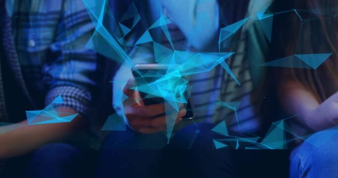 Floating blue polygon overlay entering frame, three friends tapping phones, visualizing network
