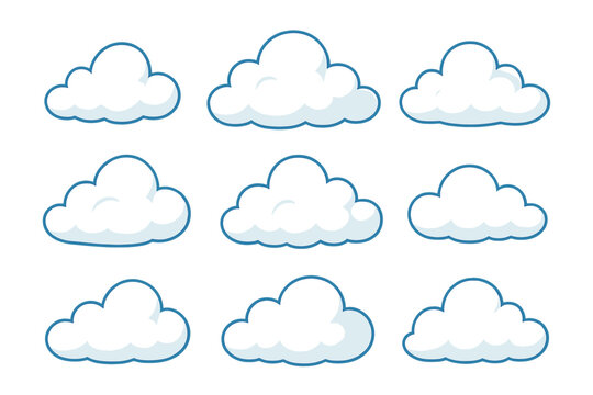Nine fluffy white cartoon clouds with blue outlines are displayed in a three-by-three grid against a solid black background. Each cloud has a soft, rounded shape for graphic design.