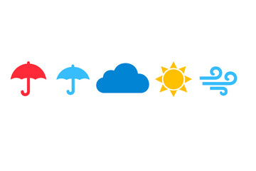 Obraz premium A row of five colorful weather icons including a red umbrella, a blue umbrella, a blue cloud, a yellow sun, and a blue wind symbol, all set against a solid black background.