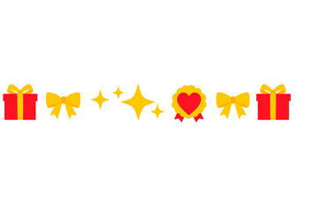 Fototapeta premium A horizontal row of festive icons including red gift boxes, yellow bows, golden stars, and a heart medal, all set against a solid black background in a flat graphic style.