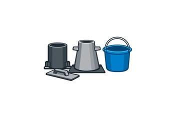 This vector graphic features essential masonry equipment such as a slump cone, a cylinder mold, a blue bucket, and a trowel, presented in a clean flat style on black.
