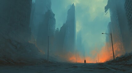 Desolate ruined cityscape at dusk with collapsed towers and smoky horizon