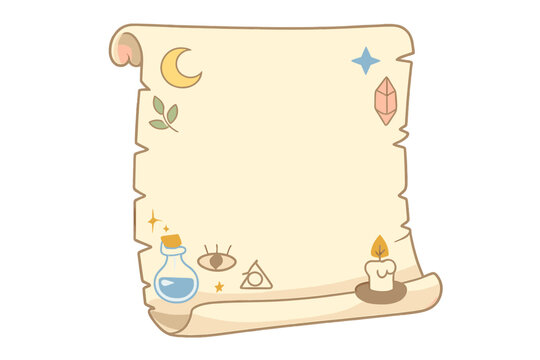 An unrolled vintage parchment scroll featuring mystical illustrations including a crescent moon, potion bottle, candle, and crystal, designed as a decorative frame or template.