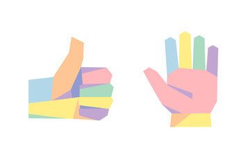 Obraz premium Two stylized hands made of colorful geometric shapes are shown against a black background. One hand gives a thumbs-up gesture while the other is an open palm with fingers spread.