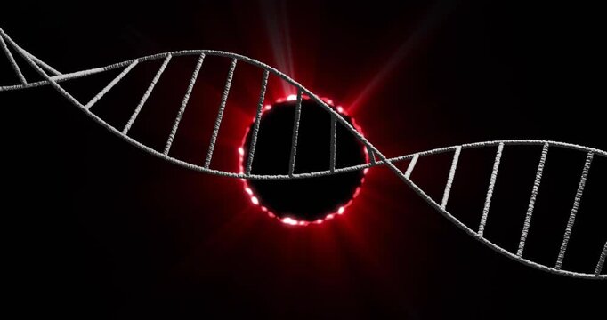 On entry, metallic DNA helix sweeping across frame, pulsing corona creating depth, revealing core
