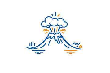 Obraz premium A minimalist line art illustration of an erupting volcano with blue and orange strokes on a black background, featuring stylized smoke clouds and lava splashes in a modern graphic style.