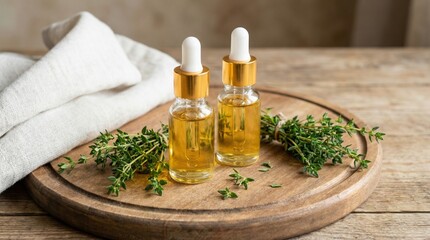 Essential oil bottles with gold caps placed on round wood board with scattered fresh thyme herbs in natural arrangement