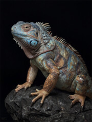 Iridescent Blue Iguana with Golden Scales on Dark Rock Background