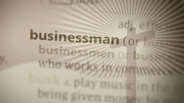 Frame shift moving blurred dictionary page right, sharpening revealing businessman over cross halo