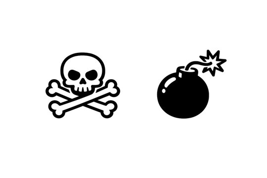 This minimalist dark line art illustration features a skull and crossbones icon positioned next to a round bomb with a lit fuse, all set against a solid dark black background surface.