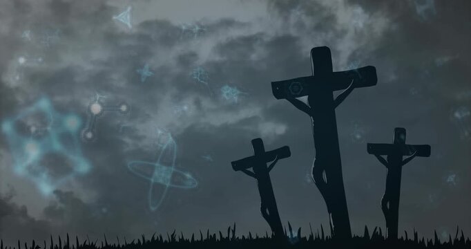 Camera pulling back revealing three wooden crosses, silhouettes, bluish particles drifting to frame