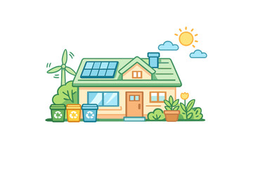 Fototapeta premium This flat illustration depicts a sustainable home with solar panels, a wind turbine, and recycling bins. The scene includes a bright sun, clouds, and green plants in a yard.