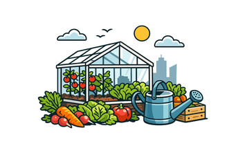 Fototapeta premium A flat vector illustration of an urban garden featuring a glass greenhouse filled with tomatoes and lettuce, surrounded by fresh vegetables, a watering can, and a city skyline.