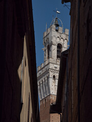 Obraz premium Torre del Mangia Framed by Narrow Siena Alley - Dramatic, vertical low-angle view of the white stone and brick Torre del Mangia sharply framed by the dark, shadowed walls of a medieval alley in Siena.