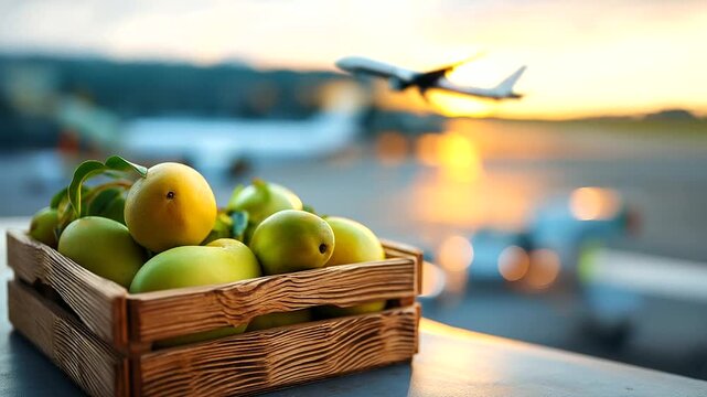 Ripe tropical mangos arranged in wooden crate ready for international export by air freight bathed in golden hues of tropical sunset light global trade operations meeting local