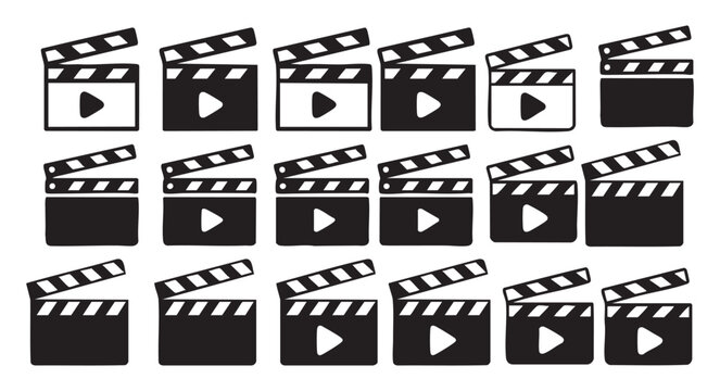 Clapperboard or clapboard icon in flat design isolated on white background, vector illustration set