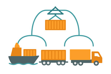 Naklejka premium This flat vector illustration depicts global logistics and intermodal freight transport. It features a cargo ship, a train, and a truck connected by a crane lifting a shipping container.