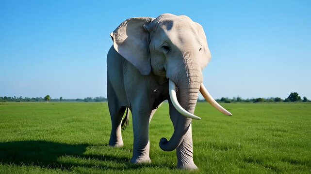 Majestic African Elephant Walks Across Green Field Under Clear Blue Sky