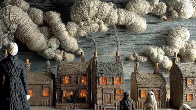 Miniature Village Creative Art with Yarn Clouds and Handcrafted Models in a Whimsical Scenery Diorama Display Featuring Smoke Effects and Colorful Windows