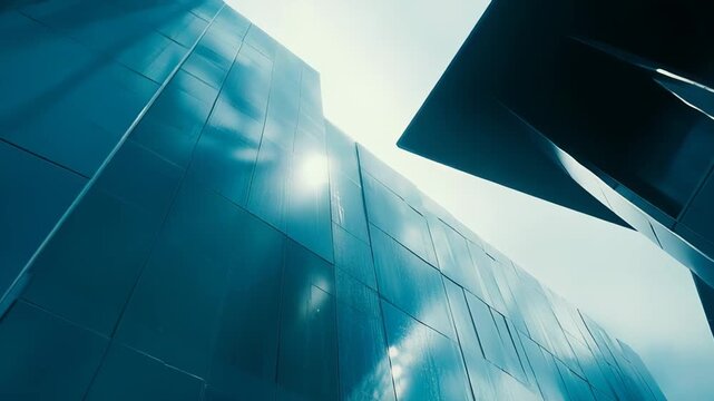 Modern architectural design featuring angular lines and glass surfaces reflecting the bright sky, creating a vibrant abstract pattern and emphasizing urban development