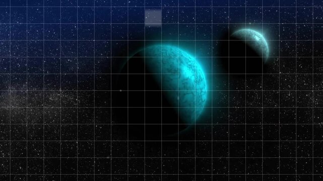 Camera panning, gray pixel squares appearing, shifting and fading around teal planet showing data