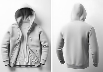 Gray hooded sweatshirt mockup displayed from front and back perspectives