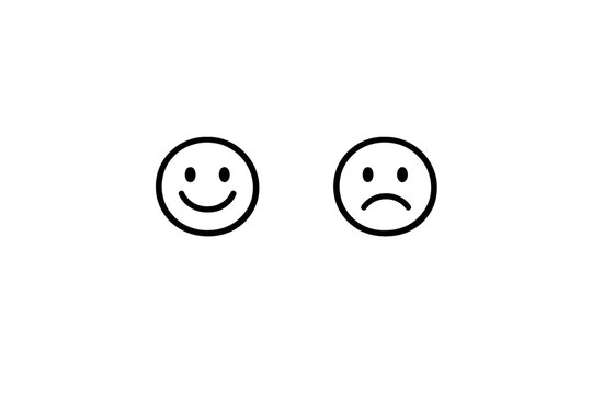 A minimalist illustration featuring a happy smiley face and a sad frowning face side by side on a solid black background. The icons represent positive and negative emotions or feedback.