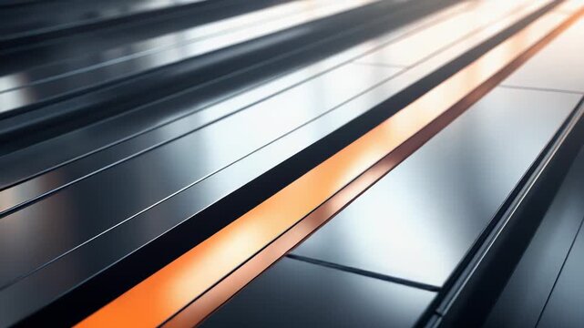 Sleek industrial technology surface displaying parallel lines and a warm orange accent highlight with a reflective finish, creating a modern and corporate background