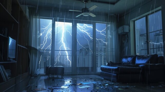 A dark living room during a thunderstorm. Rain pours through the windows, and lightning illuminates the space. A blue sofa sits in the center, surrounded by water on the floor.