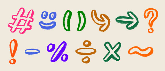 Fototapeta premium Cute Punctuations Marks And Symbols Crayon Chalk Drawing Doodle Vector Set