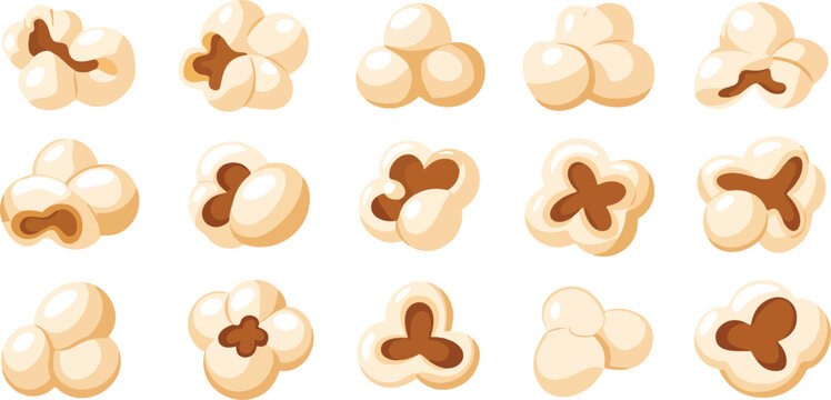 Cute Cartoon Popcorn Kernels and Grains Set with Funny Expressions Cinema Snack Vector Illustration Collection