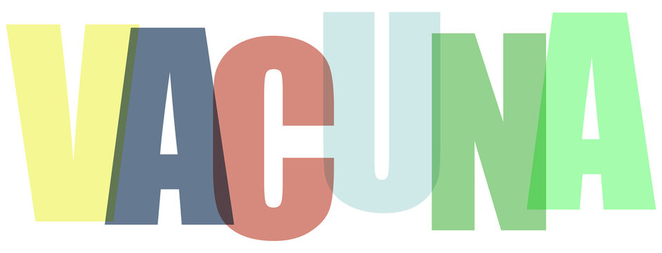 Texto superpuesto creativo y colorido que forma la palabra VACUNA