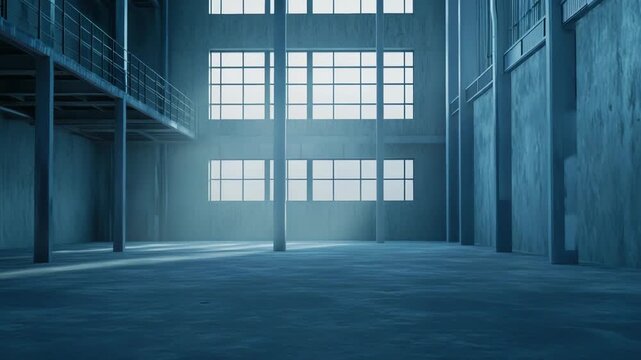 Empty industrial warehouse interior featuring concrete floors and walls, receiving natural light through large windows, creating a spacious and atmospheric environment